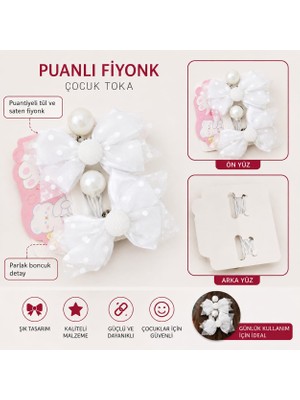PeriMila Kız Çocuk Tül Puantiyeli Boncuklu Fiyonk Lastik Toka 2li Set