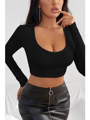 Kapsulavm Kadın Siyah Uzun Kol Kare Yaka Crop Top Bluz