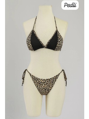 Kapsulavm Kadın Siyah ve Leopar Detaylı Yandan Bağlamalı Bikini Takımı