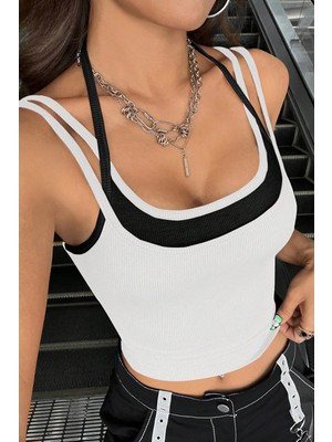 Kapsulavm Kadın Siyah Beyaz Çift Renk Çapraz Askılı Crop Top Bluz