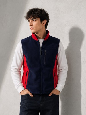Dsnm Bizim Terzi Dsnm Lacivert Kırmızı Polar Yelek  3 Cepli Tam Fermuarlı Slim Fit Anti  Pilling  Tüylenme Yapmaz Hava Geçirmez Soft Shell Polar Yelek