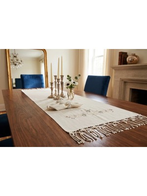 Muguetarts %100 El Işlemeli Pullu Bodrum Keten Mulina Runner Örtü 116X48CM Püskül 10CM