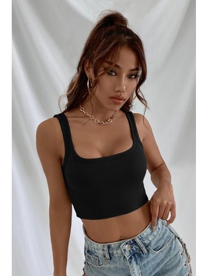 Kapsulavm Kadın Siyah Kalın Askılı Crop Top Büstiyer