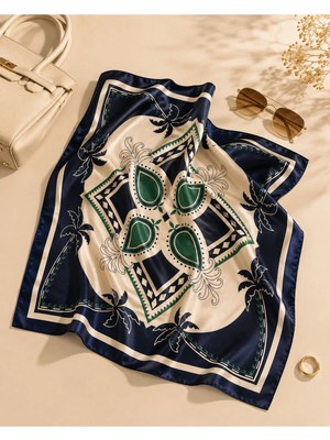 OUS Kadın Koyu Lacivert Yeşil Doğa Desenli 70X70 cm Saten Fular, Kare Boyun Fuları Saç ve Çanta Aksesuarı