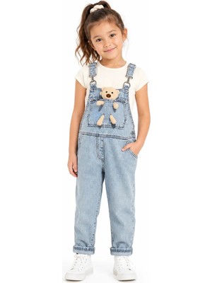 Escabel Kız Çocuk Mavi Denim Salopet %100 Pamuk Cepsiz Arka Detaylı Jean Tulum