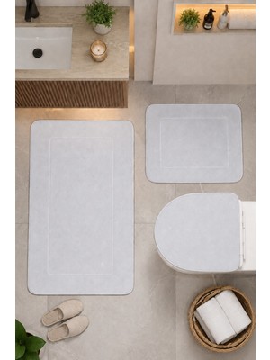 Bonny Home Beyaz 3'lü Banyo Halısı Paspası Seti Kaymaz Tabanlı Yıkanabilir Klozet Takımı Venisa