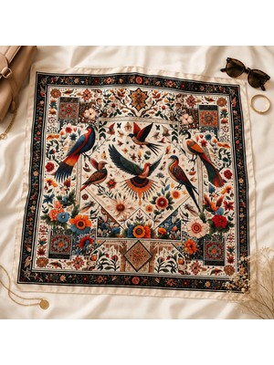 OUS Kadın Ekru Siyah Otantik Kuş Desenli 70X70 cm Saten Fular, Kare Boyun Fuları Saç Çanta Aksesuarı