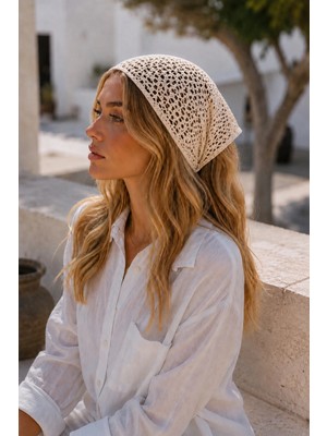 OUS Krem Fileli Örgü Bandana Kadın Bağlamalı Saç Bandı Hafif Esnek Günlük Bandana
