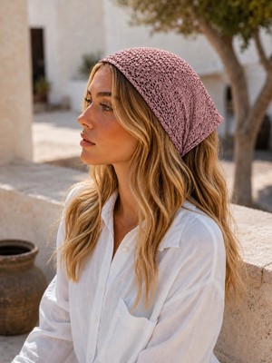 OUS Pembe Fileli Örgü Bandana Kadın Bağlamalı Saç Bandı Hafif Esnek Günlük Bandana