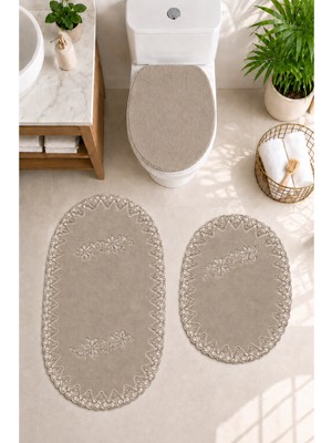 Teksev 3lü Set Vizon Fransız Dantelli Lüks Banyo Paspası Kaymaz Tabanlı Çeyizlik Hediyelik Banyo Paspas Set