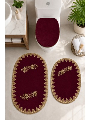 Teksev 3lü Set Mürdüm Fransız Dantelli Lüks Banyo Paspası Kaymaz Tabanlı Çeyizlik Hediyelik Banyo Paspas Se