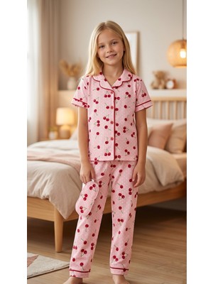 Enie Kız Çocuk Pamuklu Kiraz Desenli Yazlık Göz Bantlı Pijama Takımı