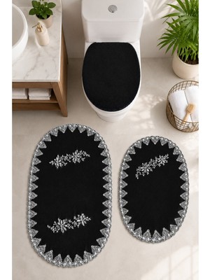 Teksev 3lü Set Siyah Fransız Dantelli Lüks Banyo Paspası Kaymaz Tabanlı Çeyizlik Hediyelik Banyo Paspas Set