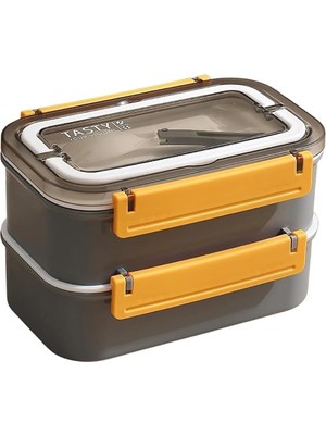 Bento 1600ML Lunchbox 2 Katlı 4 Bölmeli Çelik Sefer Tası Yemek Kutusu (Gri)