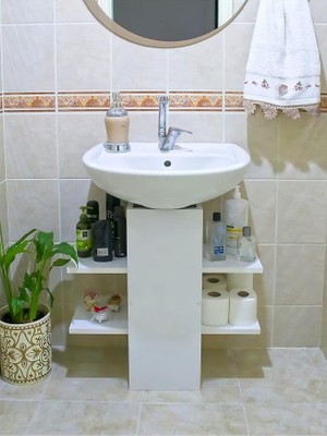 Lavabo Dolabı, Beyaz, 2 Raflı, Lavabo Altı Depolama Ünitesi, Modern Tasarım