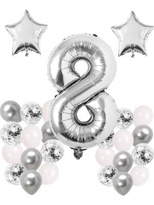 Konsept 8 Yaş Doğum Günü Kutlama Seti; Beyaz Gümüş Konfetili Balon, Rakam Yıldız Folyo