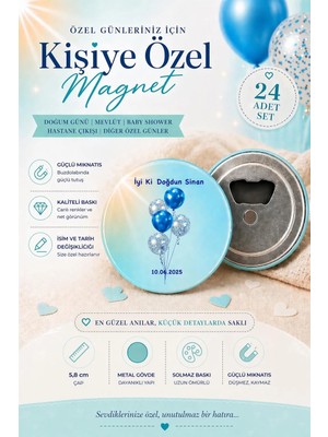 Isme Özel Açacaklı Magnet Iyi Ki Doğdun Bebek Hatırası Hediyeliği (58MM) 24 Adet