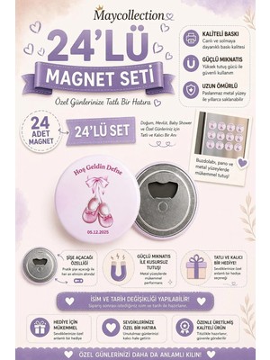 Isme Özel Açacaklı Magnet Hoş Geldin Bebek Hatırası Hediyeliği (58MM) 24 Adet
