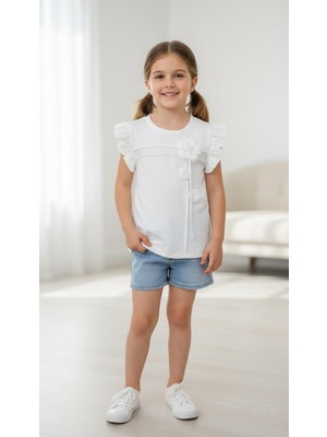 Balgüneş Tekstil Kız Çocuk Çiçek Aplikeli Fırfır Kollu Şık Bluz