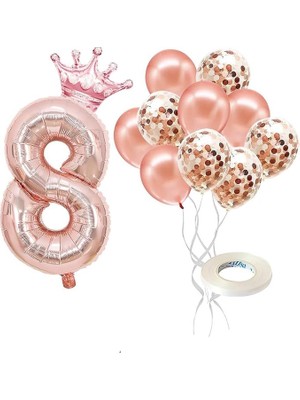Rakam Rose Gold Folyo Balon, Kral Tacı ve Konfetili Rose Gold Balon