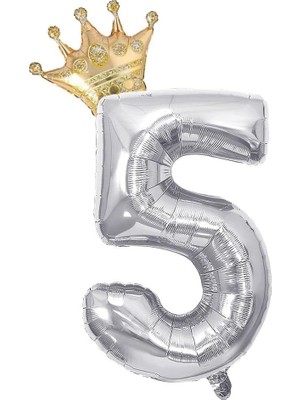 Gitti Gümüş 5 Rakam ve Gold Kral Tacı Folyo Balon Doğum Günü Parti Kutlama Seti