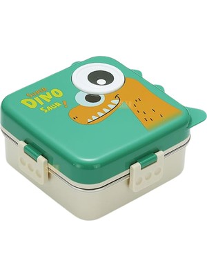 Bento 1120ML Lunchbox Dinozor Desenli Tek Katlı 3 Bölmeli Paslanmaz Çelik Sefer Tası Yemek Kutusu (Yeşil)