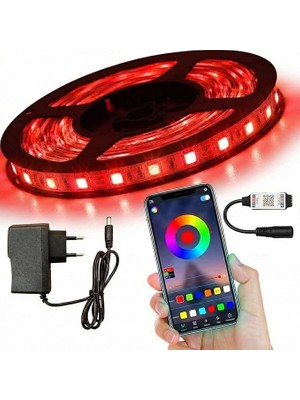 5 Metre Rgb Şerit LED Seti - Bluetooth Uygulama Kontrollü - Müziğe Duyarlı 5050 3 Çipli Tak Çalıştır - Adaptör Dahil - Iç Mekan Silikonsuz Aydınlatma