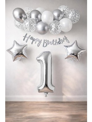 Konsept Dogum Gunu Kutlama Seti Beyaz Gumus Konfetili Balon Rakam Yıldız Folyo ve Banner (1 Yaş)