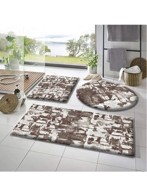 Carpet 3'lü Banyo Paspası Desenli Peluş Banyo Halısı Peluş Desenli Krem Rengi Banyo Paspası