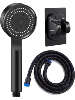 5 Fonksiyonlu Yüksek Basınçlı Duş Başlığı Yapışkanlı Mafsal Hortum Duş Seti, Siyah, 150 cm (Black)