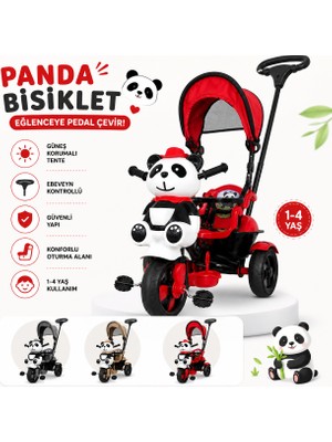 Panda Figürlü Tenteli Ebeveyn Kontrollü 3 Tekerlekli Çocuk Bisikleti