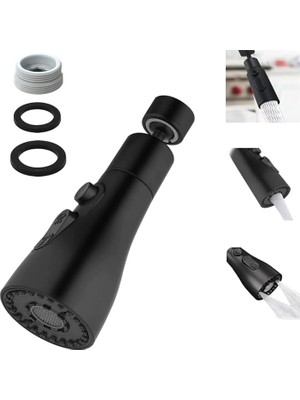 Musluk, Yedek Duş Başlığı, 360° Döndürülebilir, 3 Mod, Döndürülebilir Musluk, Başlık, Mutfak Armatürü, Adaptörlü, FM22 Mutfak Armatürü, Püskürtme Başlığı (Siyah)