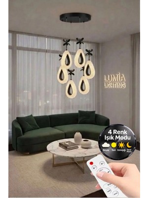 Damla Model 6'lı Gümüş Kumandalı 3 Renk Modu Ledli Kristal Taşlı Modern Salon Mutfak Oturma Odası LED Avize