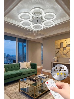 Zero Model Gümüş Kumandalı 6"lı Ledli 3 Renk Modu Kristal Salon Mutfak Yatak Çocuk Odası Avize
