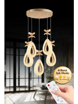 Lumia Lighting Damla Model 5’li Gold Kumandalı 3 Renk Modu Ledli Kristal Taşlı Modern Salon Mutfak Oturma Odası LED Avize