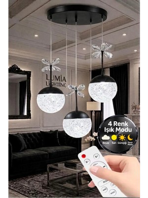 Küre Model 3"lü Siyah Kumandalı 3 Renk Modu Ledli Kristal Taşlı Modern Salon Mutfak Oturma Odası LED Avize