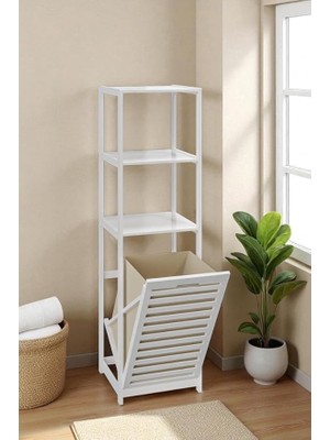 Bambu Beyaz Mat Lake Kirli Sepetli 3 Raflı Banyo Düzenleyici Çamaşır Sepeti DB-0019
