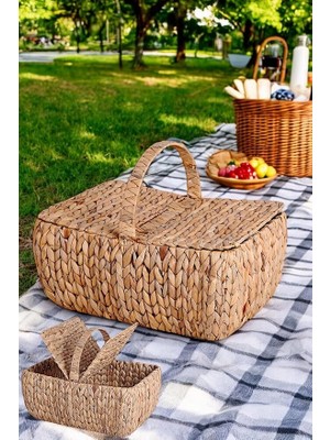 El Yapımı Su Sümbülü Kapaklı Büyük Boy Hasır Örme Piknik Sepeti Dikdörtgen - 46X30CM - 20-36CM