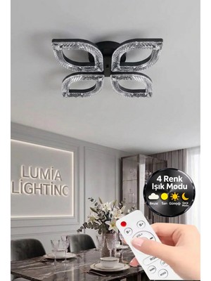 Yonca Model Siyah Kumandalı 4"lü Ledli 3 Renk Modu Kristal Salon Mutfak Yatak Çocuk Odası Avize