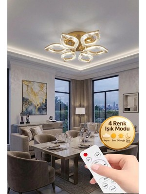 Yonca Model Gold Kumandalı 6"lı Ledli 3 Renk Modu Kristal Salon Mutfak Yatak Çocuk Odası Avize