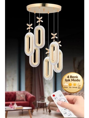 Eclipse Model 6'lı Kumandalı Gold 3 Renk Modu Ledli Kristal Taşlı Modern Salon Mutfak Oturma Odası LED Avize