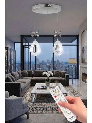 Damla Model 2'li Gümüş Kumandalı 3 Renk Modu Ledli Kristal Taşlı Modern Salon Mutfak Oturma Odası LED Avize