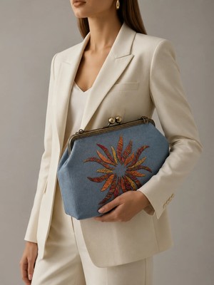Muguetarts %100 El Yapımı Gri El Çantası – Ipek Kumaş Antep Muare El Dokuması Altın Tel Kırma 37X24 cm