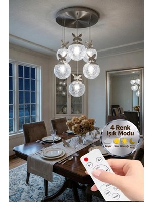 Küre Model 6"lı Kumandalı Gümüş 3 Renk Modu Ledli Kristal Taşlı Modern Salon Mutfak Oturma Odası LED Avize