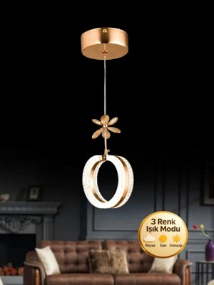 Aurea Model Gold 3 Renk Modu Ledli Kristal Taşlı Modern Salon Mutfak Oturma Çocuk Odası LED Avize