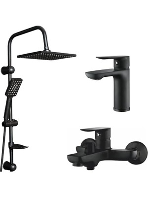 3'lü Modern Banyo Seti, Robot Duş Başlığı, Lavabo ve Banyo Bataryası, Siyah Krom (Siyah Nero Fleko 3 Lü Set)