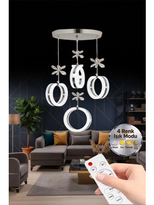 Aurea Model 4'lü Gold Kumandalı 3 Renk Modu Ledli Kristal Taşlı Modern Salon Mutfak Oturma Odası LED Avize