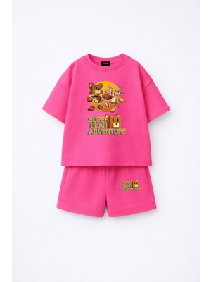 Fasardi Super Bear Adventure Süper Ayı Baskılı Oversize %100 Pamuk Tişört Şort 2li Çocuk Takım
