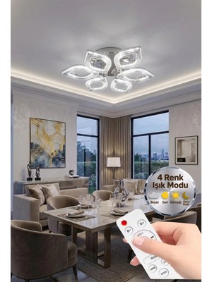 Yonca Model Gümüş Kumandalı 6"lı Ledli 3 Renk Modu Kristal Salon Mutfak Yatak Çocuk Odası Avize