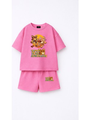 Fasardi Super Bear Adventure Süper Ayı Baskılı Oversize %100 Pamuk Tişört Şort 2li Çocuk Takım